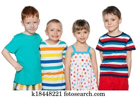 groupe, de, quatre, joyeux, enfants