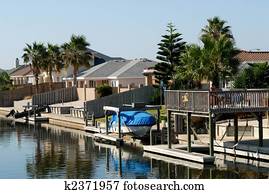 Casas, waterside, en, capellán, isla, meridional, tejas, estados unidos