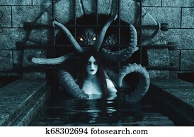 Ghost woman with a monster creature in abandoned sewer Ghost woman with a monster creature in abandoned sewer