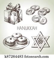 Hand drawn sketch Hanukkah elements set. Israel festival objects and symbols. Vector illustration Hand drawn sketch Hanukkah elements set. Israel festival objects and symbols. Vector illustration