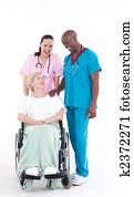 krankenschwester, und, doktor, aufpassen, a, patient, in, a, rollstuhl