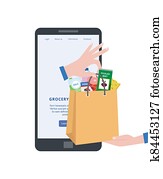Online supermarket concept with grocery bag flat vector illustration isolated.