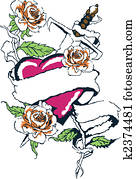 גותי, לב, ו, עלה, קיעקוע, גרפי