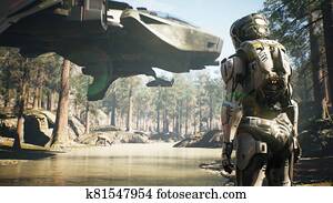 a, צבא, אסטרונאוט, is, לחכות, ל, a, הצל, חללית, ב, a, אבד, planet., דוגמה, ל, fantasy,, עתידי, או, רווח מטייל, backgrounds., 3d, rendering.