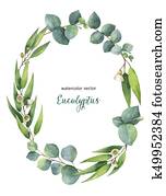 Watercolor vector oval wreath with green eucalyptus leaves and branches. Watercolor vector oval wreath with green eucalyptus leaves and branches.
