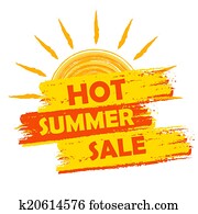 חם, קיץ, מכירה, עם, שמש, sign,, צהוב, ו, תפוז, צייר, כנה