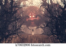 Girl looking at giant spider in creepy forest Girl looking at giant spider in creepy forest