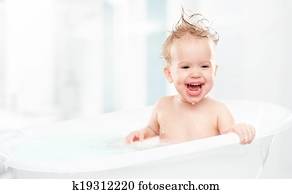 glad, rolig, baby, skratta, och, bada, in, bad