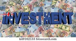 Investment text with Australian flag on currency illustration