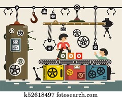 Line of Production with Workers in Factory. Vector. Line of Production with Workers in Factory. Vector.
