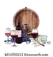 וואטארכולור, משקפיים, של, אדום, wine,, bottle,, grapes,, barrel,, גבינה, ו, corkscrew.