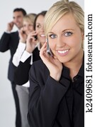 blond, manželka, dále, cela telefonovat, s, mužstvo, pozadu, ji