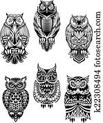 Tribal owl birds set Tribal owl birds set