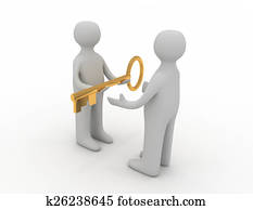 3d man giving golden key to another person 3d man giving golden key to another person