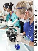 A blond female medical or scientific researcher or doctor using her microscope in a laboratory with her Asian colleague out of focus behind her.