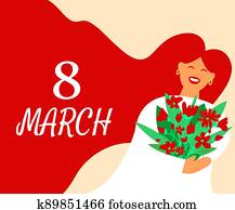 Happy womens day. 8 March. International Womens Day. Poster in flat style with beautiful woman with bouquet of flowers in their hands. Flat vector illustration for postcard, banner, app. Eps 10