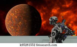 Illustration of a robot looking through a clear window at a fiery red planet and moons