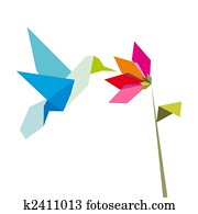 origami, flor, e, hummingbird, branco