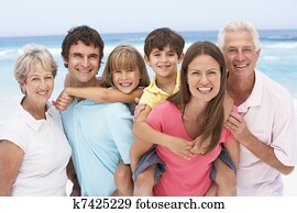 trois famille génération, délassant, sur, vacances plage