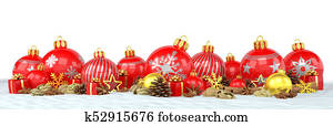 3d render - red and golden christmas baubles over white background