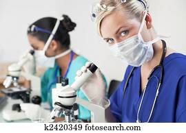 A blond female medical or scientific researcher or doctor using her microscope in a laboratory with her Asian colleague out of focus behind her.