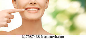 beautiful woman pointing to teeth