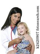 Brunette pediatric doctor with blond little girl