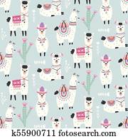 caricatura, lhama, alpaca, Seamless, padrão