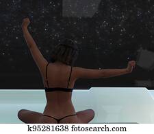 Illustration of a woman wearing underwear stretching back to while looking out a window at a dark night filled with stars.