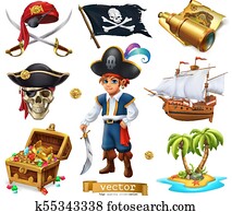 kalózkodik, set., fiú, megőriz láda, térkép, lobogó, hajó, island., 3, karikatúra, vektor, ikon