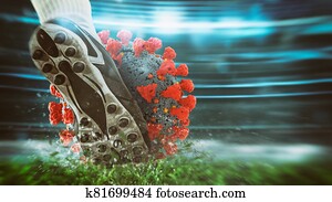 Soccer player kicking hard the virus ball at the stadium Soccer player kicking hard the virus ball at the stadium