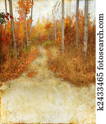 Autumn Woods Trail on Grunge Background