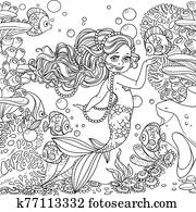Beautiful little mermaid girl on underwater world with corals and anemones background outlined Beautiful little mermaid girl on underwater world with corals and anemones background outlined