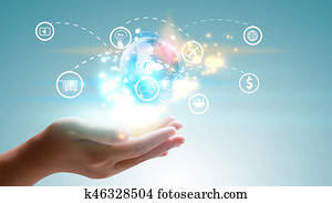 Hand holding world with social media icons. Hand holding world with social media icons.