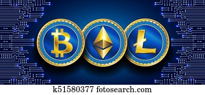 Virtual symbols of the coin bitcoin, litecoin and ethereum