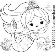 יפה, בתולת ים, ו, ים, animals., וקטור, לבן שחור, לצבוע, עמוד