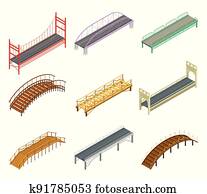 תקן, גשרים, עשה, של, עץ, או, מתכת, עם, קרן, ו, קמר גשר, איזומטרי, וקטור, קבע