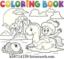 färglag beställ, flicka, flytande, på, enhörning, 2