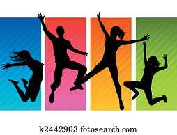 springt, mensen, silhouettes