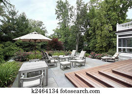 ardósia, pátio, com, madeira, escadas