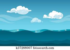 mar, o, océano, caricatura, paisaje, con, cielo, y, clouds., seamless, agua, ondas, plano de fondo, para, juego de computadora, diseño