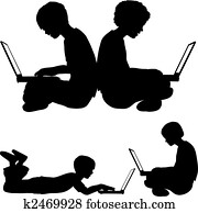 menina, e, menino, uso, laptops, sentando, ou, mentindo, chão