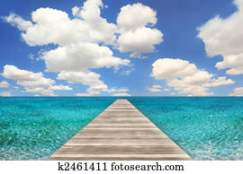 oceânicos, cena praia, com, madeira, cais