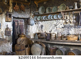 Old traditional kitchen inside a Greek monastery at Meteora