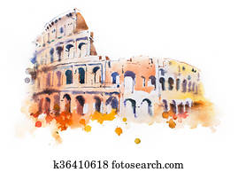 watercolor drawing of Coliseum in Rome. Hand drawn Italian sightseeing watercolor drawing of Coliseum in Rome. Hand drawn Italian sightseeing