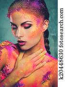 bonito, mulher jovem, com, conceitual, colorido, arte corpo