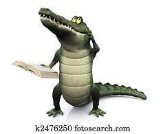Cartoon crocodile reading book and scratching his head. Cartoon crocodile reading book and scratching his head.