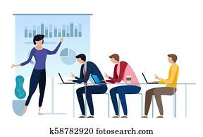 firmenkundengeschäft, manager, erklären, quartal, bericht, daten, to, direktoren, board., finanziell, ergebnisse, darstellung, stehen, vor, hervorragend, screen., flache, stil, vektor, illustration.