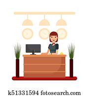 Flat hotel reception desk with young woman receptionist. Girl manager standing, business office concept. Welcome registration stock vector illustration Flat hotel reception desk with young woman receptionist. Girl manager standing, business office concept. Welcome registration stock vector illustration