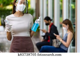 New normal waitress with social distancing queue New normal waitress with social distancing queue